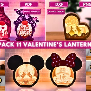 Confezione da 11 PDF Shadow Box di San Valentino, Lanterna di Topolino SVG, Modello di studio, Lightbox regalo, Progetti Cricut, Gnomi di San Valentino fai da te File digitale