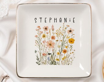Plato para anillos personalizado con nombre, plato de cerámica para joyas con diseño de flores silvestres personalizado