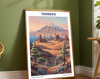 Póster del Volcán Teide en Tenerife – Arte de viaje en naranja y verde azulado | Ilustración de las Islas Canarias – Impresión de paisaje contemporáneo