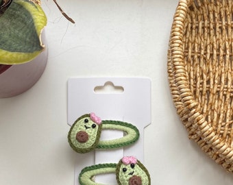 2x Avokado Haarklammern Set Haarclip gehäkelt Handmade Kinder Accessoires Haarschmuck Kleinkind  Mädchen Einschulung Eingewöhnung Schulkind