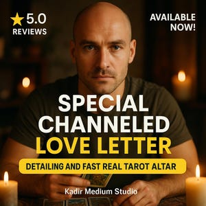 Könnte beinhalten: Werbung mit einem Mann und dem Text "SPECIAL CHANNELED LOVE LETTER" und "DETAILING AND FAST REAL TAROT ALTAR." Das Bild enthält auch den Text "5.0 REVIEWS" und "AVAILABLE NOW!"