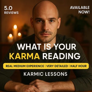 May include: A man with a shaved head is centered in the image, with text that reads "WHAT IS YOUR KARMA READING". Additional text includes "REAL MEDIUM EXPERIENCE | VERY DETAILED | HALF HOUR" and "KARMIC LESSONS". The words "AVAILABLE NOW!" are also visible.