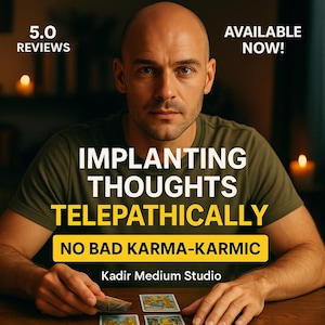 May include: A man in an olive green t-shirt is looking at the camera. The text on the shirt says "IMPLANTING THOUGHTS TELEPATHICALLY NO BAD KARMA-KARMIC". The image also includes the text "5.0 REVIEWS" and "AVAILABLE NOW!"