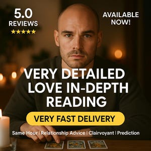 Può includere: Annuncio di un servizio di lettura dell'amore dettagliata. L'immagine mostra una persona e carte dei tarocchi. Il testo include "5.0 Reviews", "Very Detailed Love In-Depth Reading" e "Very Fast Delivery".