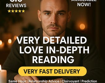 Peut inclure: Publicité pour une lecture amoureuse détaillée. L'image présente une personne et des cartes de tarot. Le texte comprend "5.0 Reviews", "Very Detailed Love In-Depth Reading" et "Very Fast Delivery".