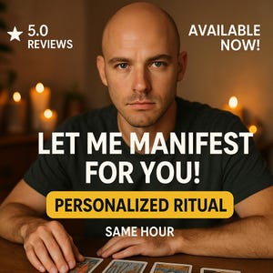 Pode incluir: Um homem careca olha diretamente para a câmera. A imagem apresenta o texto "LET ME MANIFEST FOR YOU!", "PERSONALIZED RITUAL" e "SAME HOUR". Também inclui "5.0 REVIEWS" e "AVAILABLE NOW!"