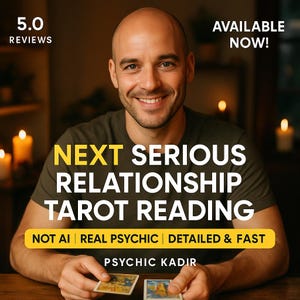 Può includere: Immagine di un uomo sorridente con carte dei tarocchi. Il testo sovrapposto recita "NEXT SERIOUS RELATIONSHIP TAROT READING" con "NOT AI | REAL PSYCHIC | DETAILED & FAST." Visibili anche "AVAILABLE NOW!" e "5.0 REVIEWS."