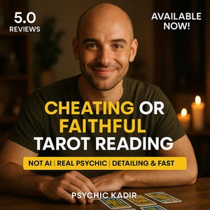 Puede incluir: Un hombre sonriendo, con el texto "CHEATING OR FAITHFUL TAROT READING". El texto adicional dice "NOT AI | REAL PSYCHIC | DETAILING & FAST". La imagen también incluye el texto "5.0 REVIEWS" y "AVAILABLE NOW!"