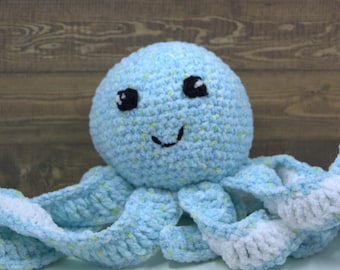 Hand Crocheted Velour Octopus Plush – Soft Stuffed Animal, Nursery Decor (Optional Rattle)