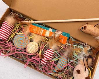 Caja de regalo hecha a mano con juguetes para gatos: varita de plumas, golosinas y set interactivo para gatitos.