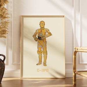 May include: A framed print featuring a stylized illustration of C-3PO from Star Wars. The artwork depicts the iconic droid in a standing pose, rendered in shades of gold and brown against a cream background. The text "C-3PO" is printed at the bottom.