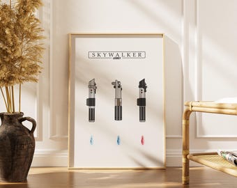 Skywalker Lightsaber Poster, Jedi & Sith Kyber Crystal Wall Art for Kids Room, Star Wars Nursery Digital Print, Modern Boy Bedroom Decor Art