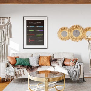 May include: A living room interior featuring a cream sofa with cushions, a round coffee table, and a framed poster displaying the word "Lightsabers". The wall also has three sunburst mirrors and a hanging chair.