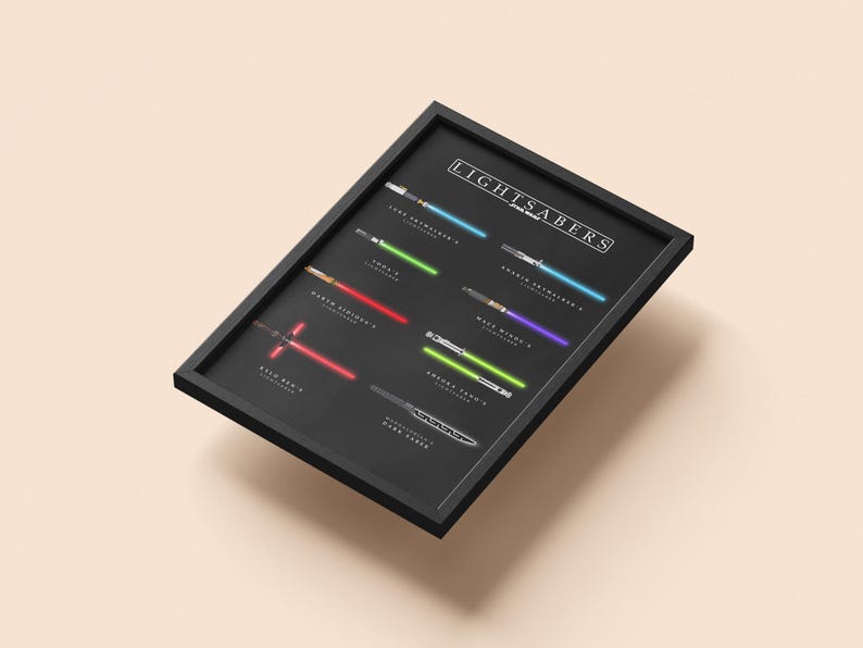 May include: A framed print displaying a selection of lightsabers, each identified by name. The lightsabers are illustrated with diverse blade colours, such as blue, green, red, and purple. The word "LIGHTSABERS" is printed at the top of the frame.