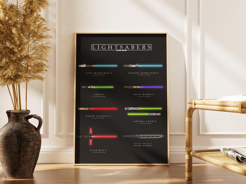 May include: A framed poster displaying lightsabers from the Star Wars saga. The black poster features the word "LIGHTSABERS" at the top. Each lightsaber is shown with its name, including Luke Skywalker's and Darth Sidious's. The poster is in a gold frame.