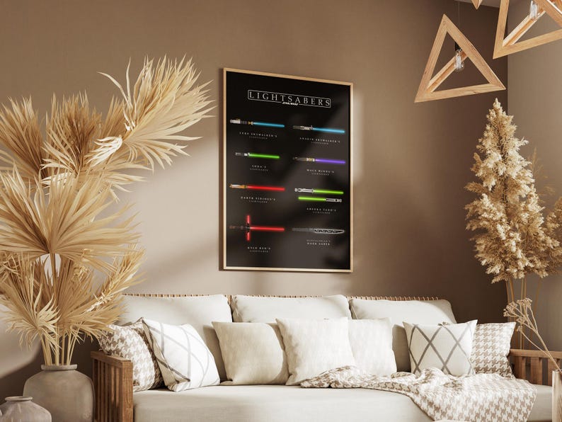 May include: A framed poster displaying different lightsabers on a black background. The poster has the word "LIGHTSABERS" at the top. The lightsabers are shown in various colours, including blue, green, red, and purple. The poster is displayed above a sofa.