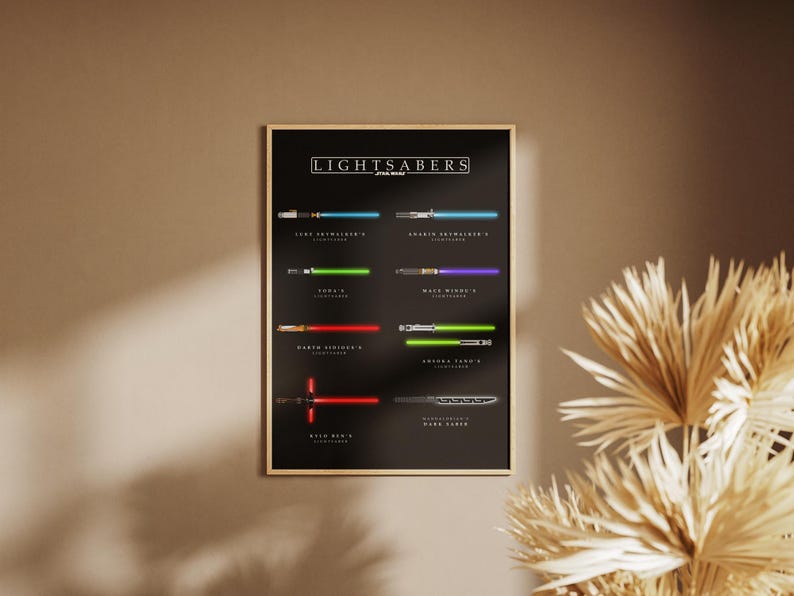 May include: A framed poster displaying lightsabers from the Star Wars saga. The poster has a black background with the title "LIGHTSABERS" at the top. Each lightsaber is shown with its name underneath, including Luke Skywalker's and Darth Vader's.