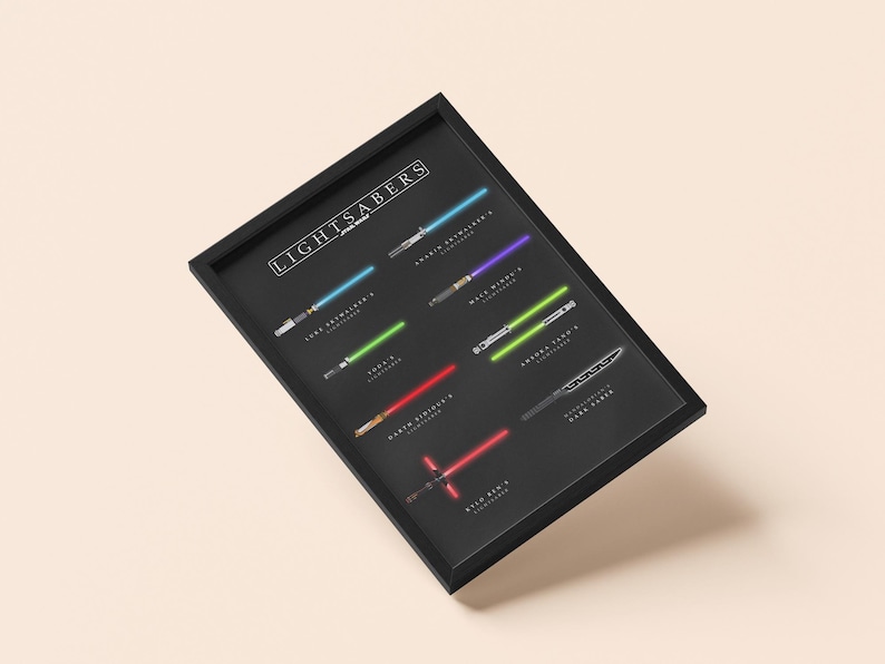 May include: Framed print displaying a collection of lightsabers from a well-known sci-fi series. The black background showcases the vibrant blades in colours like blue, green, and red. The word "LIGHTSABERS" is printed at the top.