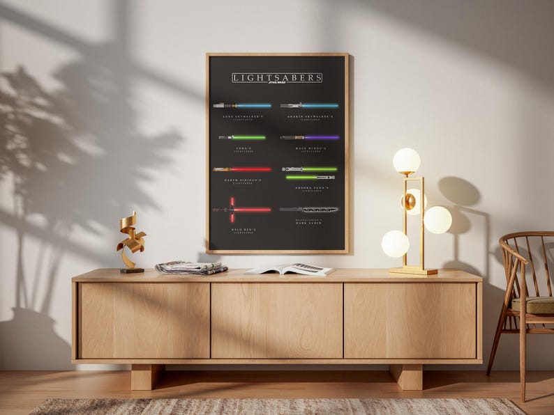 May include: A framed poster displaying a selection of lightsabers from a well-known sci-fi series. The poster has a black backdrop with the word "LIGHTSABERS" at the top. The lightsabers are shown in their distinctive colours and labelled.