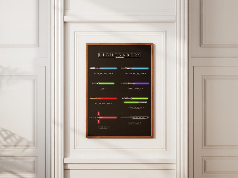 May include: A framed poster displaying a collection of lightsabers from the Star Wars films. The poster has a dark background with the title "LIGHTSABERS". Each lightsaber is shown with its name, showcasing the iconic weapons in various colours.