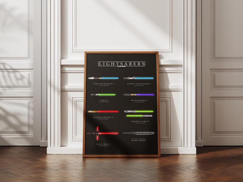 May include: A framed poster displaying a collection of lightsabers from Star Wars. The poster has a black backdrop with the title "LIGHTSABERS" at the top. Each lightsaber is shown with its name and colour, including blue, green, red, and purple.