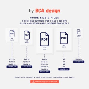May include: A digital print guide by BGA design, showing various PDF file sizes and ratios. Includes sizes like 4x5 in, 6x8 in, and 11x14 in, with corresponding cm measurements. Features the text "Instant digital download".