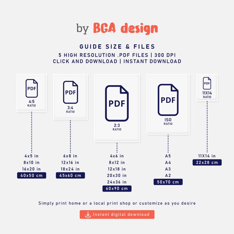 May include: A digital print guide by BGA design, showing various PDF file sizes and ratios. Includes sizes like 4x5 in, 6x8 in, and 11x14 in, with corresponding cm measurements. Features the text "Instant digital download".