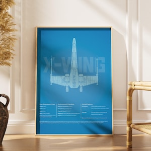 May include: A framed blueprint-style poster featuring a detailed illustration of an X-Wing starfighter against a blue background. The poster includes technical specifications and the text "X-WING". The frame is gold.