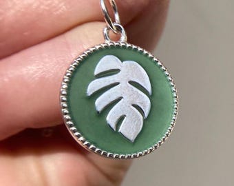 Cebu Blue Pothos Leaf Coin Necklace/Solid 925 Sterling Silver Blue Green Enamel Epipremnum Pendant
