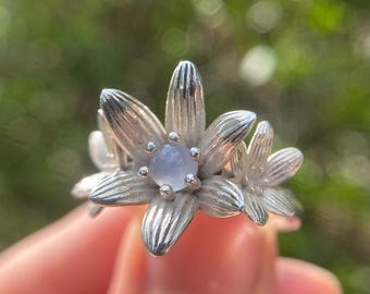Rain Lily Ring/Sterling Silver and Blue Chalcedony