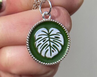 Monstera Leaf Coin Necklace/Solid 925 Sterling Silver Green Enamel Monstera Deliciosa Pendant
