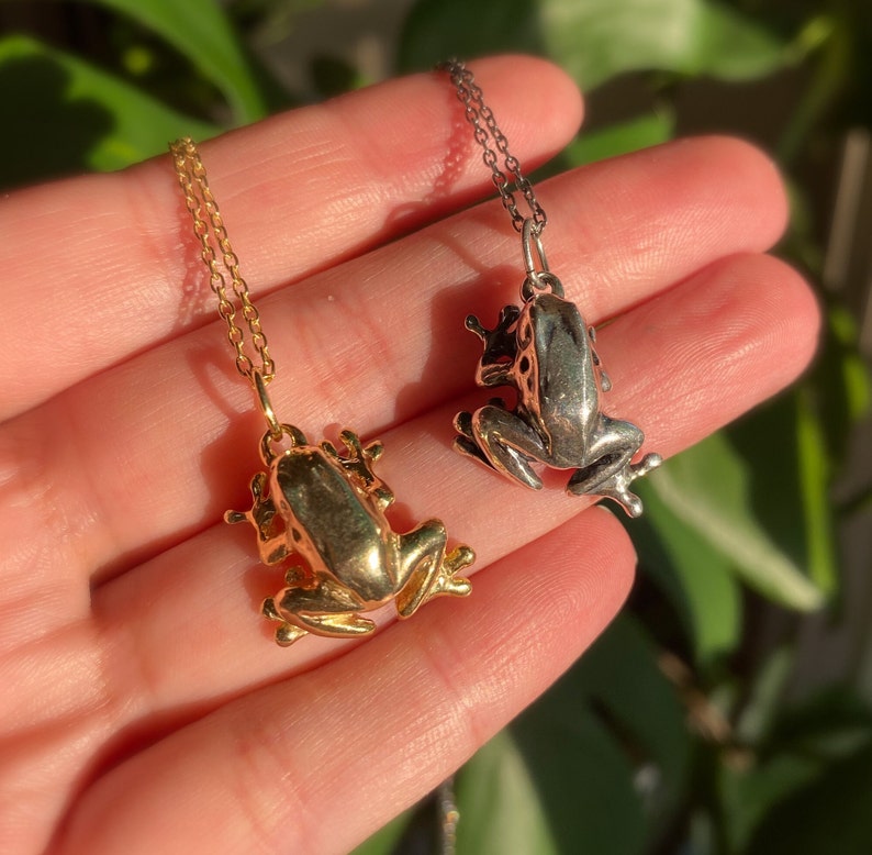 May include: Two frog necklaces, one gold and one silver, on a hand. The necklaces are both delicate and feature a detailed frog pendant.