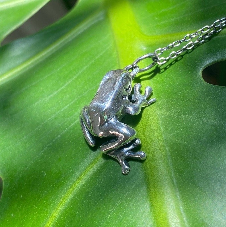May include: A silver frog pendant necklace on a silver chain. The frog is sitting on a green leaf.