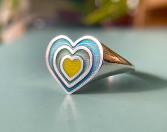 Enamel Heart Signet Ring/70s Style Solid 925 Sterling Silver Heart Ring/Blue Green Cold Enamel Jewelry