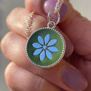 Schefflera Leaf Coin Necklace/Solid 925 Sterling Silver Green Enamel Umbrella Tree Pendant
