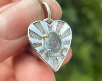 Starburst Heart Charm/Sterling Silver and Aquamarine