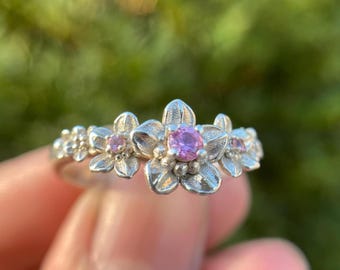 Forget Me Not Ring/Sterling Silver and Pink Topaz Ring/Floral Contour Band