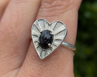 Starburst Heart Ring/Sterling Silver and Black Star Sapphire