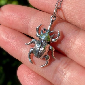 Beetle Necklace/Sterling Silver Elephant Beetle/ 14kt Gold Plated/ Bug Charm/Insect Jewelry