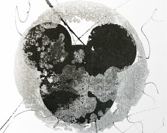 ORIGINAL encaustic monotype Mickey art silver and black 7" x 7" no. 003