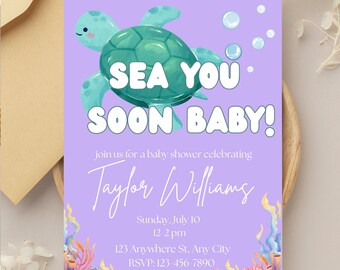 Meer Sie bald Baby Ozean-Thema Babypartyeinladungsvorlage, bearbeitbare Babyparty einladen, Meer-Babyparty-Thema, Strand-Babyparty-Einladung
