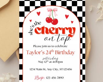 She's the Cherry on Top Birthday Invitation Template, Cherry On Top Theme, Editable Birthday Template, Cherry Birthday Theme Invitation