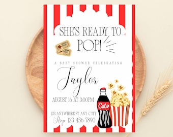 Sie ist bereit für die Babyparty-Einladungsvorlage, Popcorn-Thema-Babyparty, Soda-Pop-Babyparty, bearbeitbare Babyparty-Einladungen