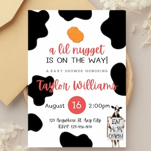 Ein kleiner Nugget ist auf dem Weg Babyparty Einladung Vorlage, Chick Fila Thema Babyparty, bearbeitbare Babyparty Einladung, Chickfila Party