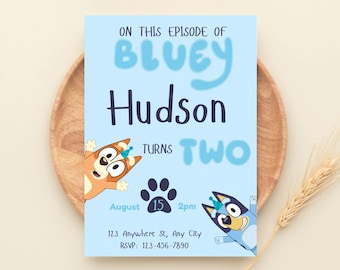 Bluey Birthday Party Invitation Template, Second Birthday Party Invite, 2nd Birthday Themes, Bluey Birthday Theme, Editable Birthday Invite