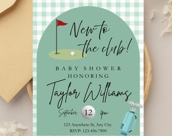 Neu im Club Babypartyeinladung Vorlage, Golf-Babyparty-Thema, Golf-Babyparty-Einladung, bearbeitbare Babyparty-Einladungen