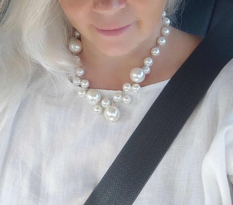 Faux Pearl Bib Necklace Set For Women - 5 Strand Multi-Layer Necklace, Bracelet & Earrings, 1920s Costume Jewelry, Created Pearls Up To 30mm