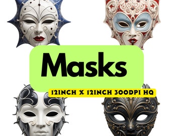 Vintage Mask Clipart, 9 Transparent Masks with  Ornaments Design Carnival Mask, Fancy Costume, Instant Download Printable Commercial Use PNG