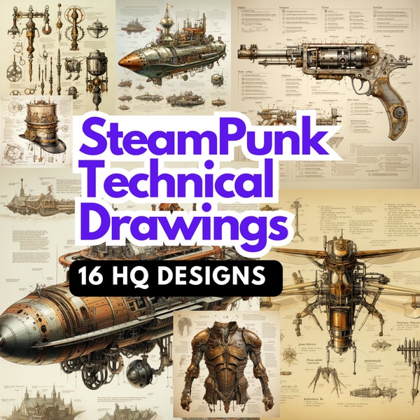 Steampunk Technical Drawings Blueprints, Retro Tech Art, Steampunk Gift, 16 PNG Pages, Steampunk Junk Journal Page