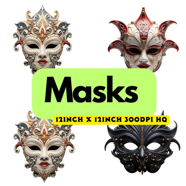 9 Transparent Vintage Masks Clipart, Mask with Ornaments Design Carnival Mask, Fancy Costume, Instant Download Printable Commercial Use PNG